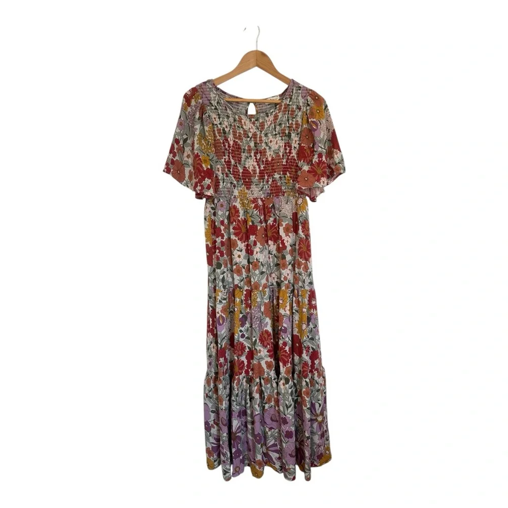 In Loom Tiered Smock Floral Multicolor Maxi Dress L - Picture 1 of 4